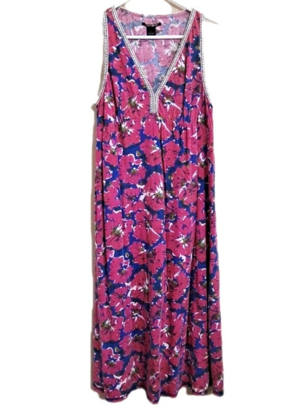 Lucky Brand L Sleeveless Floral Print Dress Tropical Sparkly Trim Cottagecore